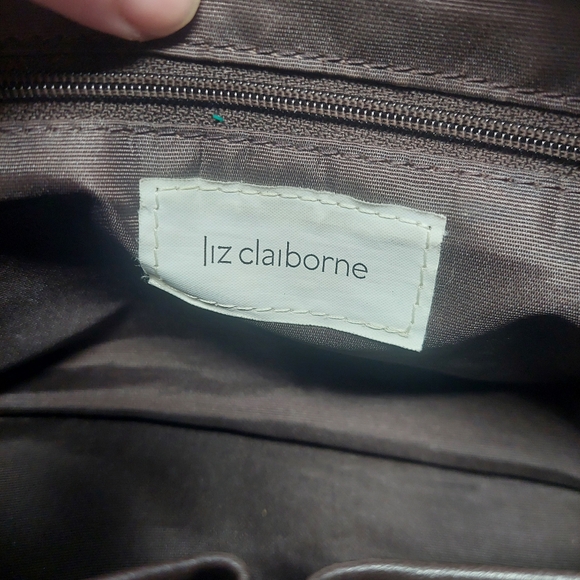 Liz Claiborne Vintage Y2K Tan Canvas Geometric Print Black Leather Shoulder Bag - Picture 13 of 14